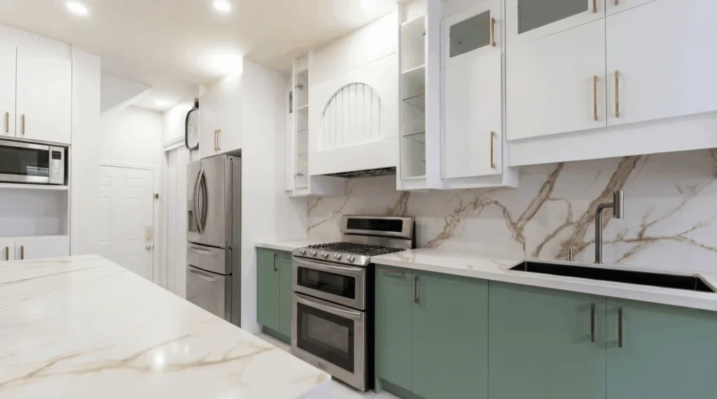 Range wall of a white and sage green kitchen with marble backsplash and stainless appliances